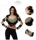 Velvet Jacket O neck Black Gold Beading Mesh Sequins Tassels Long Basic Coats