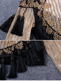 Velvet Jacket O neck Black Gold Beading Mesh Sequins Tassels Long Basic Coats