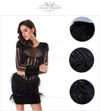 Beading Sequin Feather O-Neck Mesh Long Sleeve Runway Dress