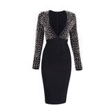 Studded Rivet Vestidos Deep V-Neck Knee-Length Dress
