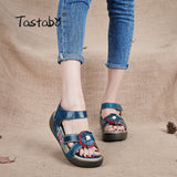 Tastabo Genuine Leather Gladiator Sandals Fashion Low Wedges Flower Summer Shoes