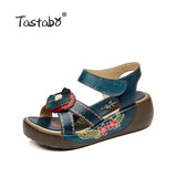 Tastabo Genuine Leather Gladiator Sandals Fashion Low Wedges Flower Summer Shoes