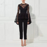 Floral Lace Long Flared Sleeves Women Set