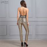 Golden V Neck Sleeveless Sequined Long Jumpsuit Macacao Feminino
