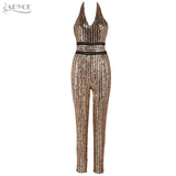 Golden V Neck Sleeveless Sequined Long Jumpsuit Macacao Feminino