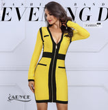 Yellow&Black Women V Neck Long Sleeve  Dress