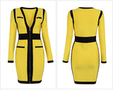 Yellow&Black Women V Neck Long Sleeve  Dress