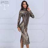 Black Golden Long Sleeve Sequins Midi Dress