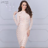 Long Sleeve Studded Button Olive Mesh High Neck Dress