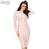 Long Sleeve Studded Button Olive Mesh High Neck Dress