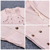 Long Sleeve Studded Button Olive Mesh High Neck Dress