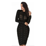 Long Sleeve Studded Button Olive Mesh High Neck Dress