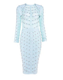 Long Sleeve Studded Button Olive Mesh High Neck Dress