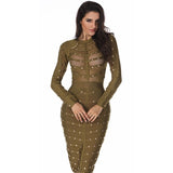 Long Sleeve Studded Button Olive Mesh High Neck Dress