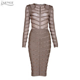 Long Sleeve Olive Mesh Knee-length Bodycon Dress