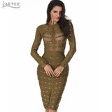 Long Sleeve Olive Mesh Knee-length Bodycon Dress