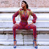 Fringe Jumpsuits Bodysuit Women Celebrity Party Jumpsuit Long Sleeve Red Blue Striped Tassel Jumpsuit