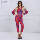 Fringe Jumpsuits Bodysuit Women Celebrity Party Jumpsuit Long Sleeve Red Blue Striped Tassel Jumpsuit