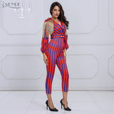 Fringe Jumpsuits Bodysuit Women Celebrity Party Jumpsuit Long Sleeve Red Blue Striped Tassel Jumpsuit