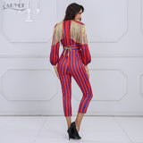 Fringe Jumpsuits Bodysuit Women Celebrity Party Jumpsuit Long Sleeve Red Blue Striped Tassel Jumpsuit