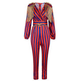 Fringe Jumpsuits Bodysuit Women Celebrity Party Jumpsuit Long Sleeve Red Blue Striped Tassel Jumpsuit