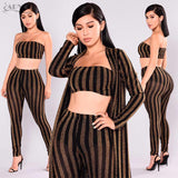 Striped Women 3 Pieces Sets Crop Tops&Pants&Jacket  Set