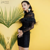 O Neck Feathers Lace Hollow Out Patchwork Long Sleeve Dresses