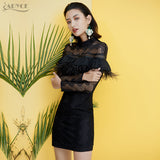 O Neck Feathers Lace Hollow Out Patchwork Long Sleeve Dresses