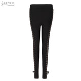 Black Handmade Cross Stretch Mid Waist Slim Casual Lace Up Trousers Female