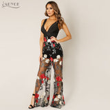 Jumpsuit Embroidered Lace Black Sexy V Neck Mesh Long Jumpsuit