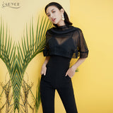 Long Rompers Bodysuit Black V Neck Lace Mesh Jumpsuit