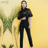 Long Rompers Bodysuit Black V Neck Lace Mesh Jumpsuit
