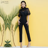 Long Rompers Bodysuit Black V Neck Lace Mesh Jumpsuit