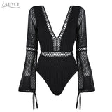 Jumpsuit Sexy Black Backless V Neck Lace Up Hollow Out Flare Sleeve Women Bodysuits