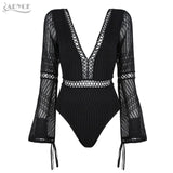 Jumpsuit Sexy Black Backless V Neck Lace Up Hollow Out Flare Sleeve Women Bodysuits