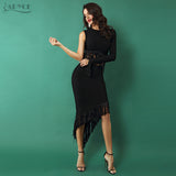 O Neck Black Hollow Out One Shoulder Tassels Embellished Dress