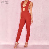 Jumpsuits Elegant Red Sexy Deep V-Neck Hollow Out Jumpsuit Bodysuit
