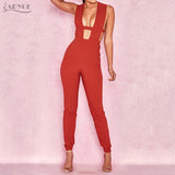 Jumpsuits Elegant Red Sexy Deep V-Neck Hollow Out Jumpsuit Bodysuit