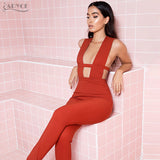 Jumpsuits Elegant Red Sexy Deep V-Neck Hollow Out Jumpsuit Bodysuit