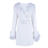 Long Sleeve V-Neck Feather Slim Style Women Coats