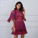 Mini Short Sleeve Striped Fringe Tassel Bow Dress
