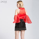 Half Flare Sleeve Ruffles Mesh Short Tops