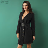 Long Sleeve Women Black V-Neck Button Belt Coat Sexy Jacket