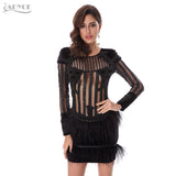 Beading Sequin Feather O-Neck Mesh Long Sleeve Runway Dress
