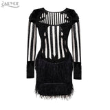 Beading Sequin Feather O-Neck Mesh Long Sleeve Runway Dress