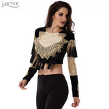Velvet Jacket O neck Black Gold Beading Mesh Sequins Tassels Long Basic Coats