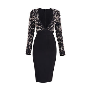 Studded Rivet Vestidos Deep V-Neck Knee-Length Dress
