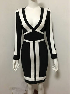 V neck Long Sleeve Patchwork Strap Lady Dress