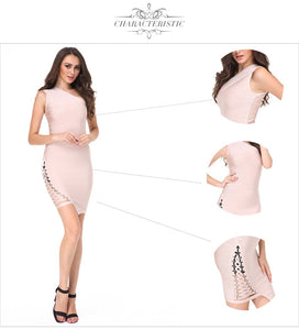 Sleeveless One-shoulder Hollow Out Cross Nude Black Bandage Dress