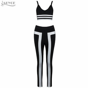 Black White Patchwork V-neck Spaghetti Strap Elegant Lady Crop Top and Pants Set